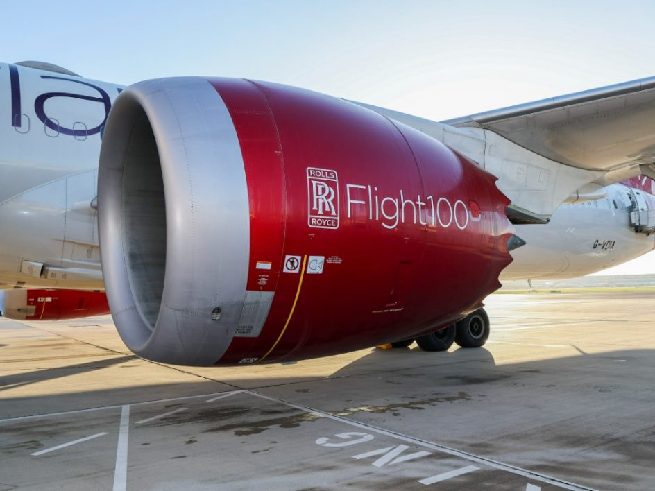 Engine on an aircraft showing Flight 100 logo